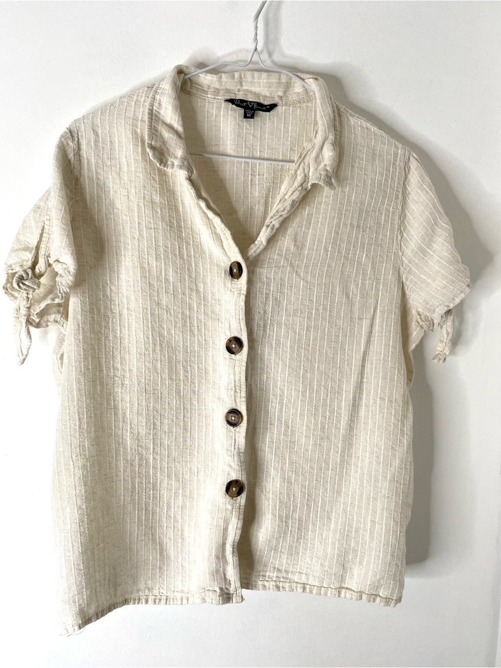 Velvet Heart Linen Blend Button Front Shirt Ivory Short Sleeve Textured Top